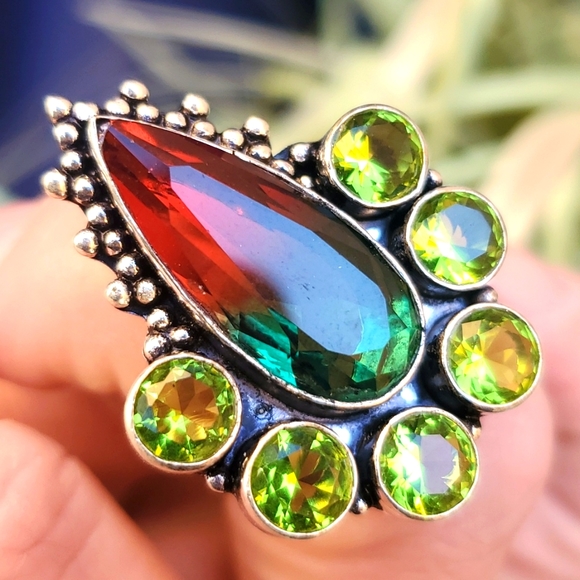 New Bi-Color Tourmaline & Peridot 925 Silver Statement Ring. - Picture 15 of 16